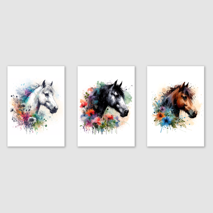 Floral Horse Portrait Print Set - Horse & Pony Collection Set of 3