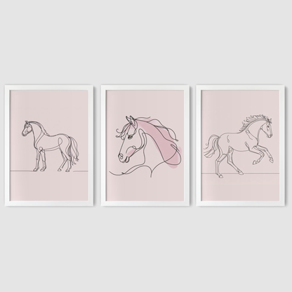 Pink Horse Line Art Print Set - Horse & Pony Collection Set of 3