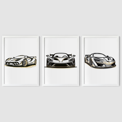 Black & Gold Supercar Print Set - Vehicle Collection Set of 3