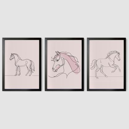Pink Horse Line Art Print Set - Horse & Pony Collection Set of 3