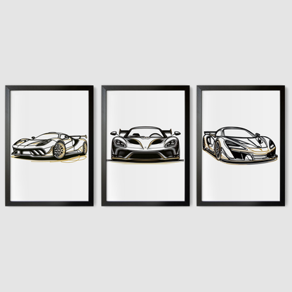 Black & Gold Supercar Print Set - Vehicle Collection Set of 3