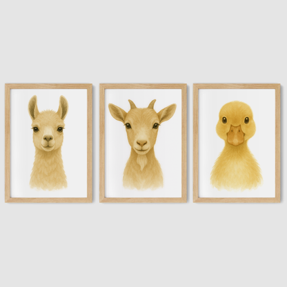 Llama, Goat & Duckling Print Set - Nursery Farmyard Animal Collection Set of 3