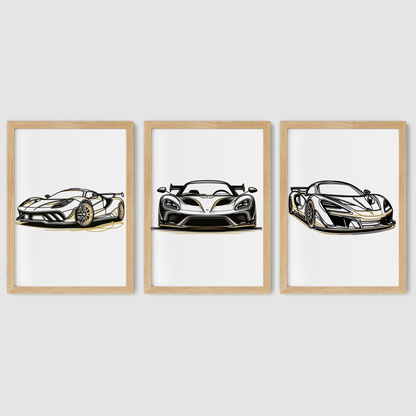 Black & Gold Supercar Print Set - Vehicle Collection Set of 3
