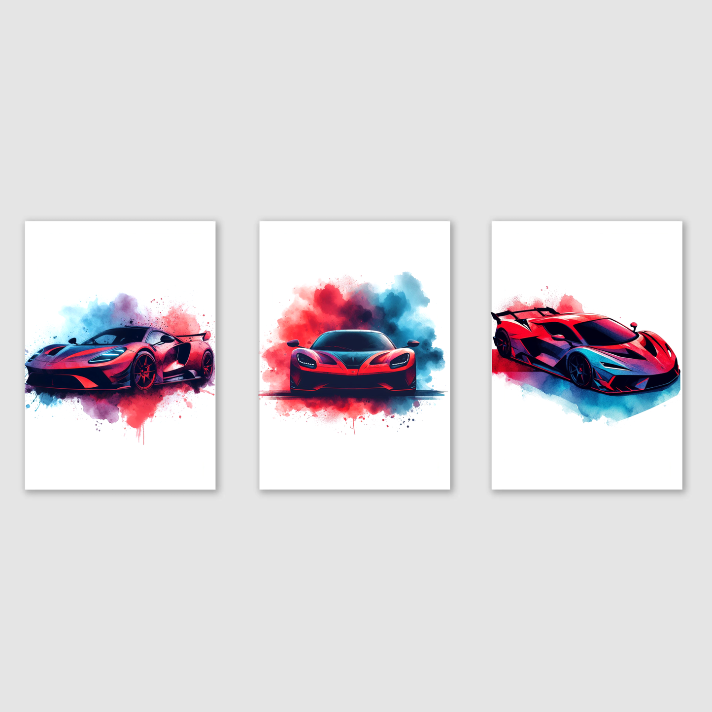 Red & Blue Supercar Print Set - Vehicle Collection Set of 3