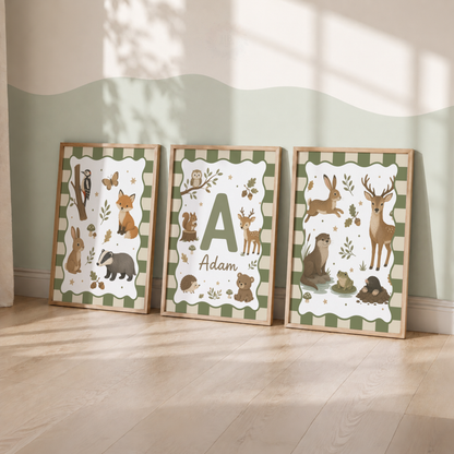 Woodland Friends – Personalised Set of 3 Woodland Animal Nursery Prints