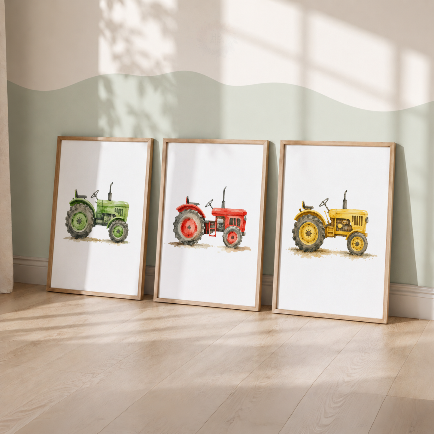 Vintage Tractor Wall Art Set – Green Red & Yellow Farm Nursery Prints