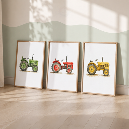 Vintage Tractor Wall Art Set – Green Red & Yellow Farm Nursery Prints