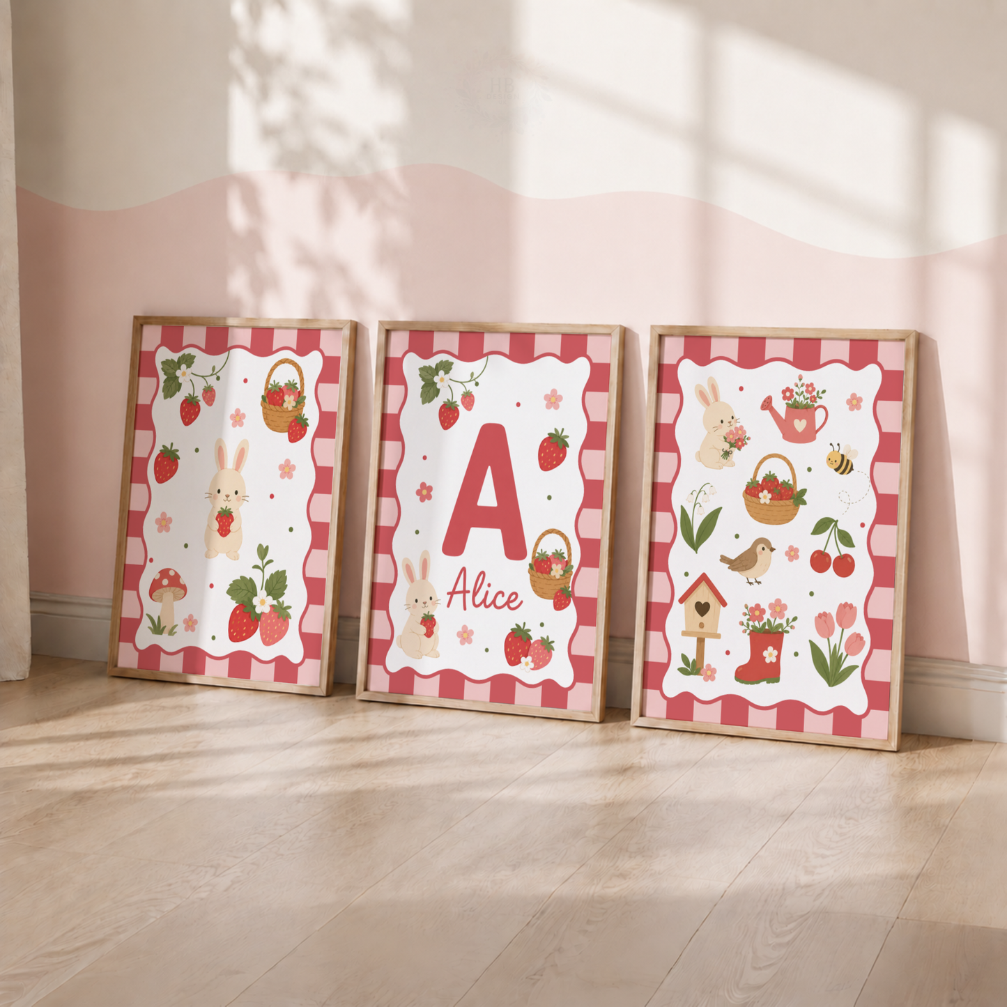 Strawberry Garden – Personalised Set of 3 Nursery Prints