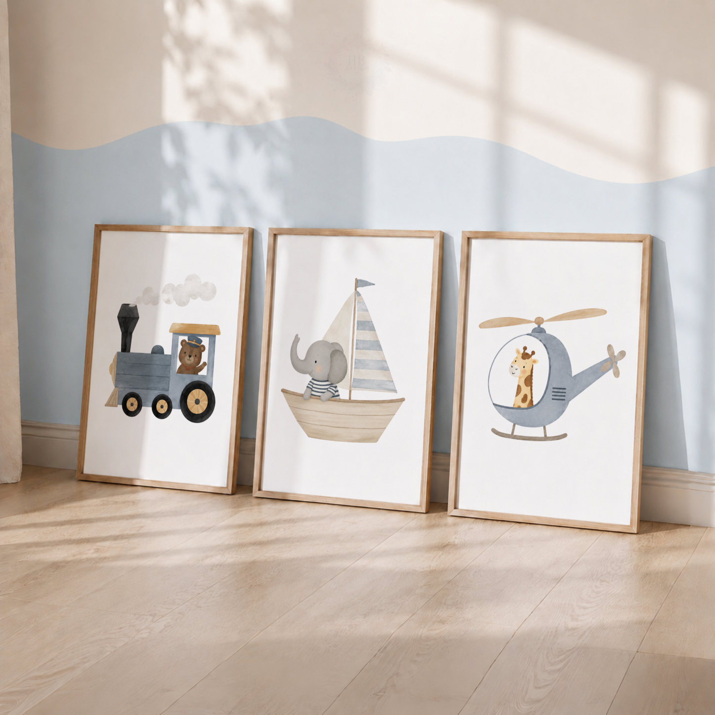 Safari Animal Transport Nursery Wall Art Set – Train, Sailboat & Helicopter Prints