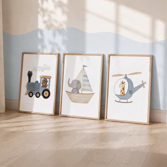 Safari Animal Transport Nursery Wall Art Set – Train, Sailboat & Helicopter Prints