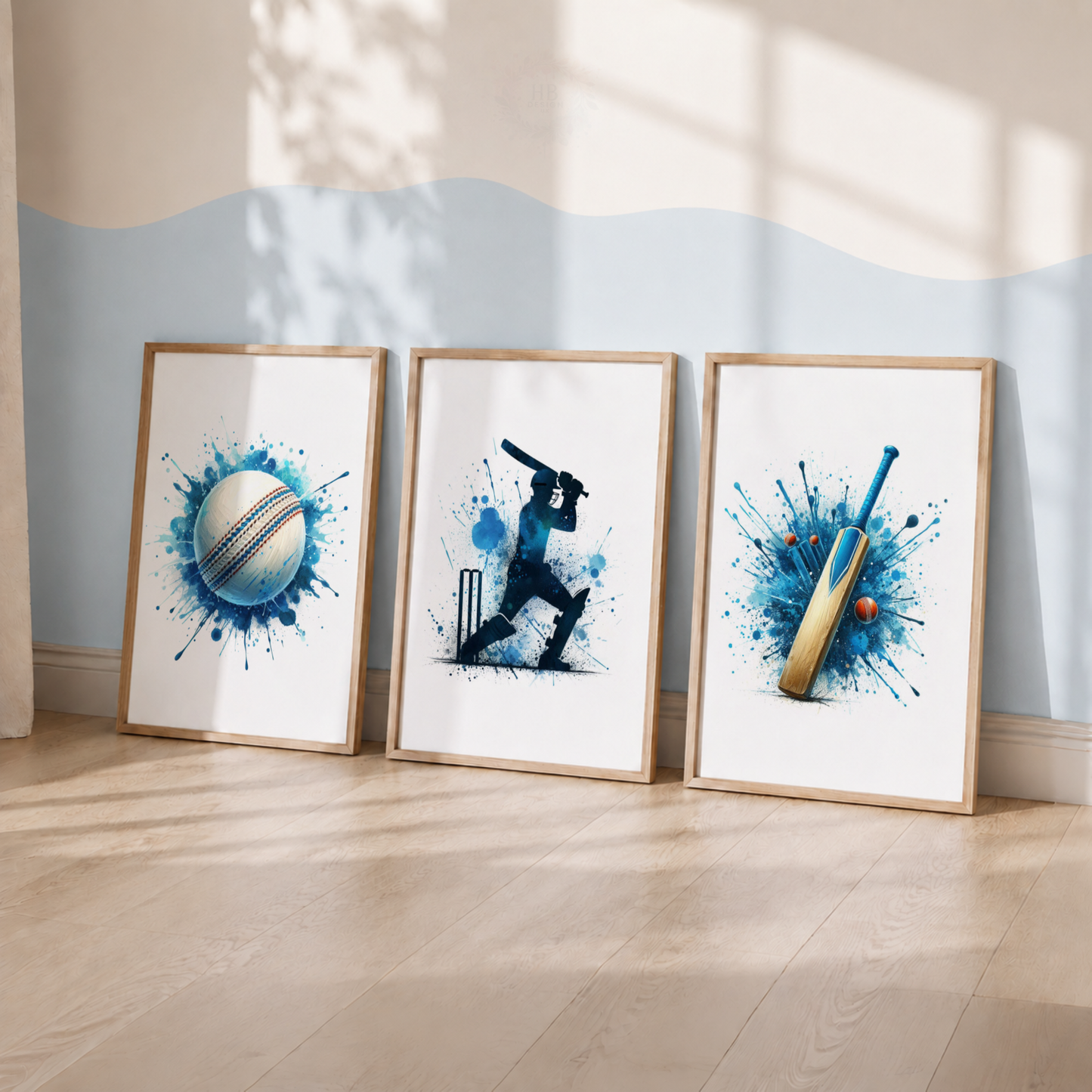 Blue Cricket Watercolor Wall Art Set – Cricket Ball, Batsman & Bat Sports Prints