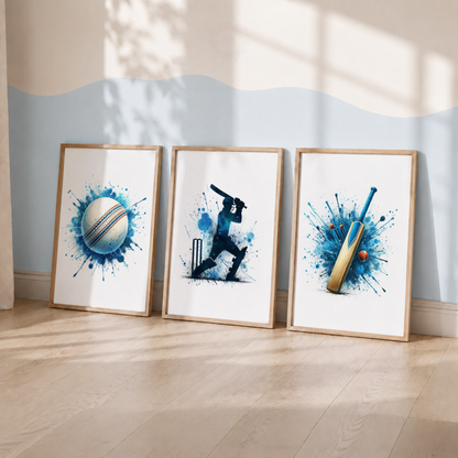 Blue Cricket Watercolor Wall Art Set – Cricket Ball, Batsman & Bat Sports Prints