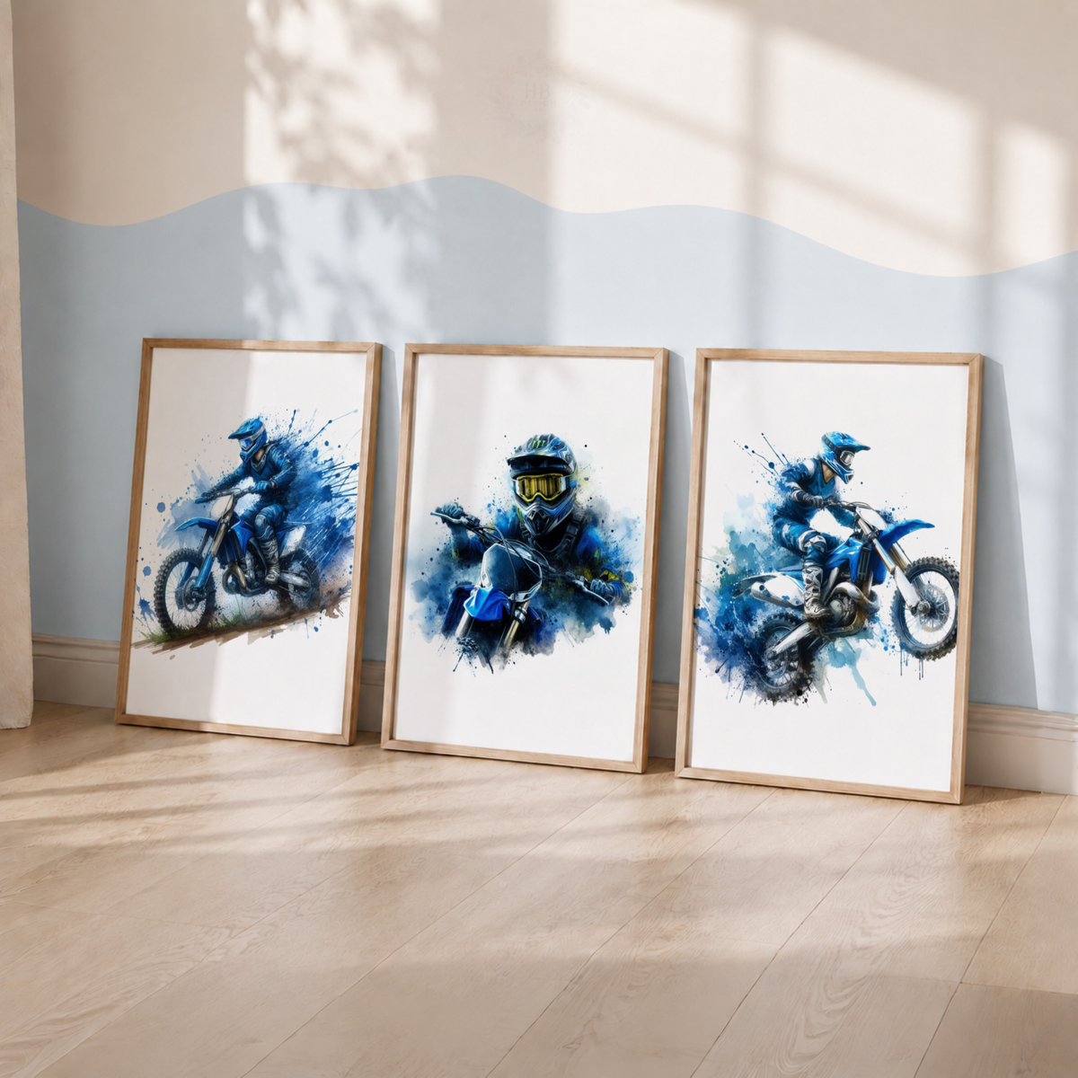 Motocross Watercolor Wall Art Set – Blue Dirt Bike Rider Sports Prints