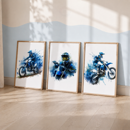 Motocross Watercolor Wall Art Set – Blue Dirt Bike Rider Sports Prints