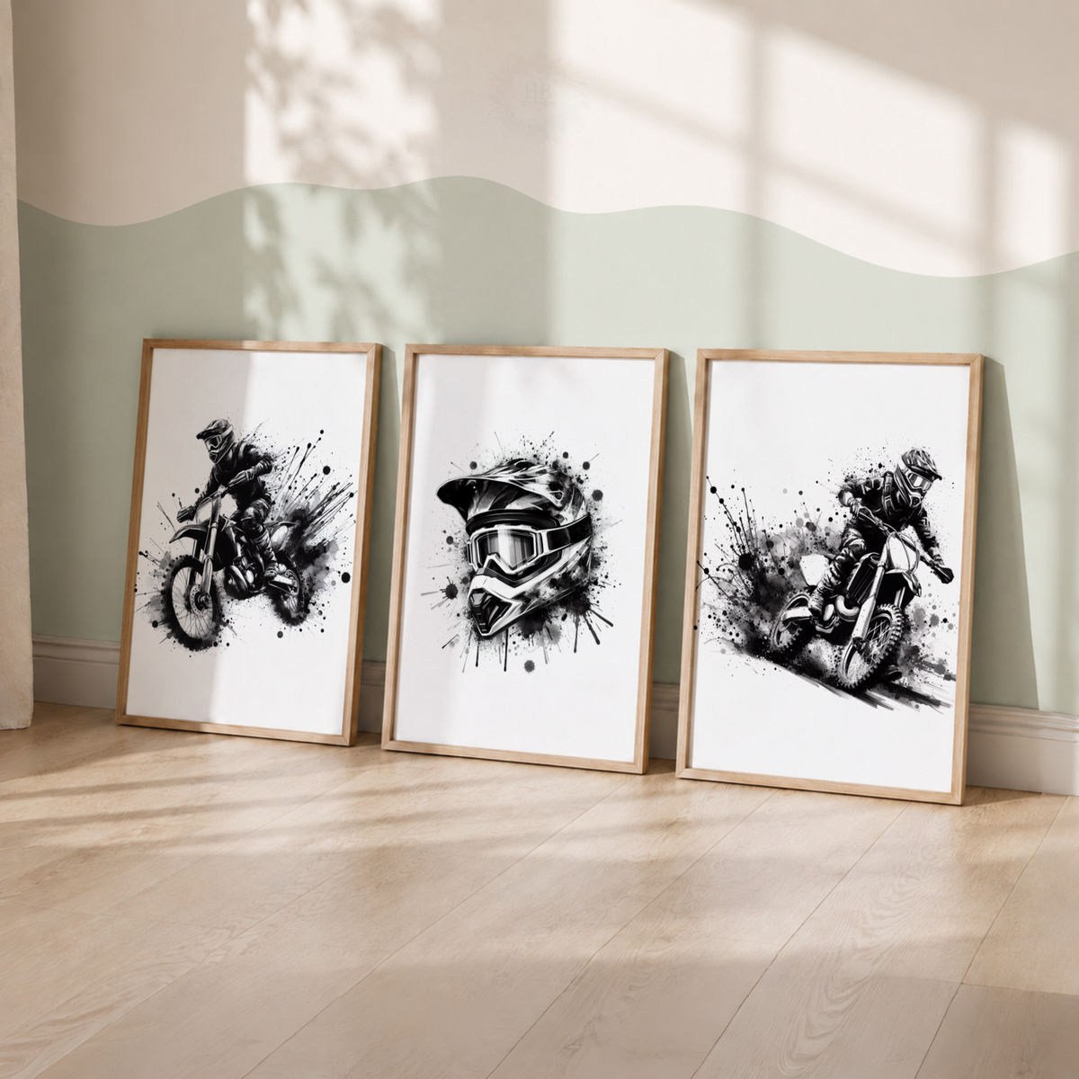Motocross Watercolor Wall Art Set – Black & White Dirt Bike Rider Sports Prints