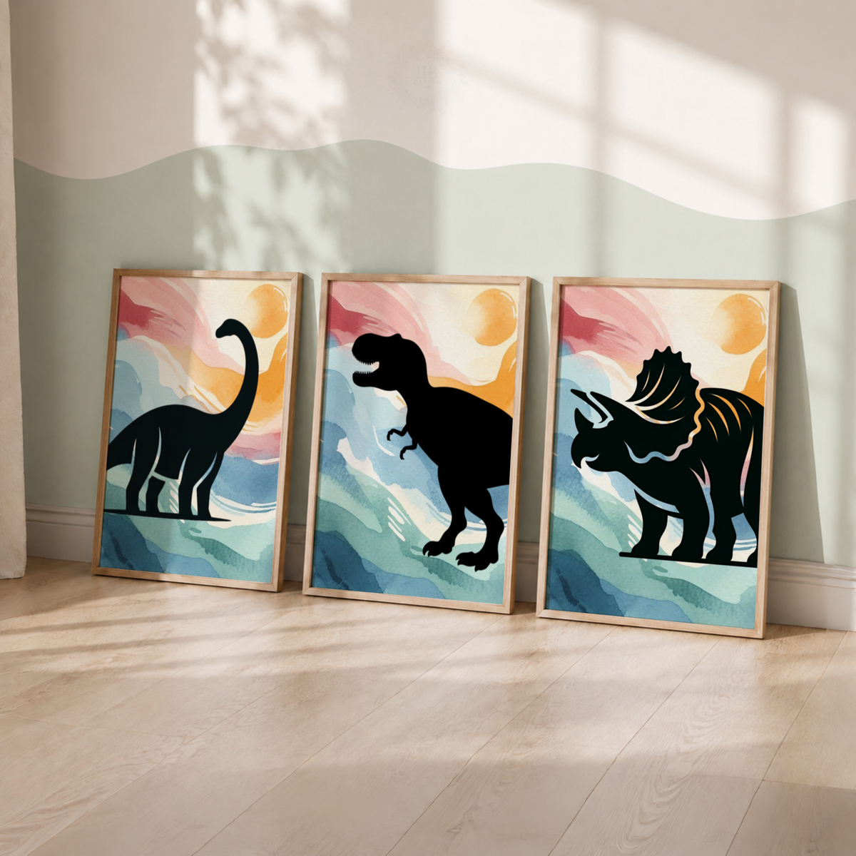 Colourful Dinosaur Nursery Prints Set – Watercolour Dino Silhouette Wall Art