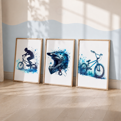 BMX Wall Art Set – Blue Watercolour BMX Bike Prints for Boys’ Bedroom