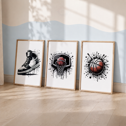 Basketball Wall Art Set – Basketball Shoe, Hoop & Ball Sports Prints