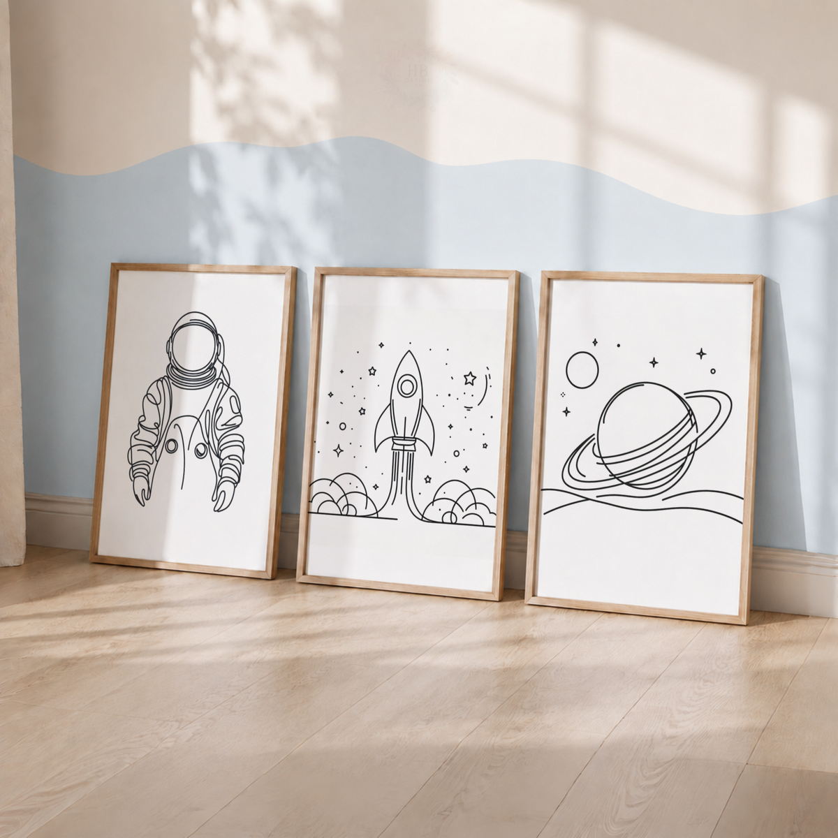 Space Nursery Prints Set – Astronaut Rocket & Planet Minimalist Wall Art