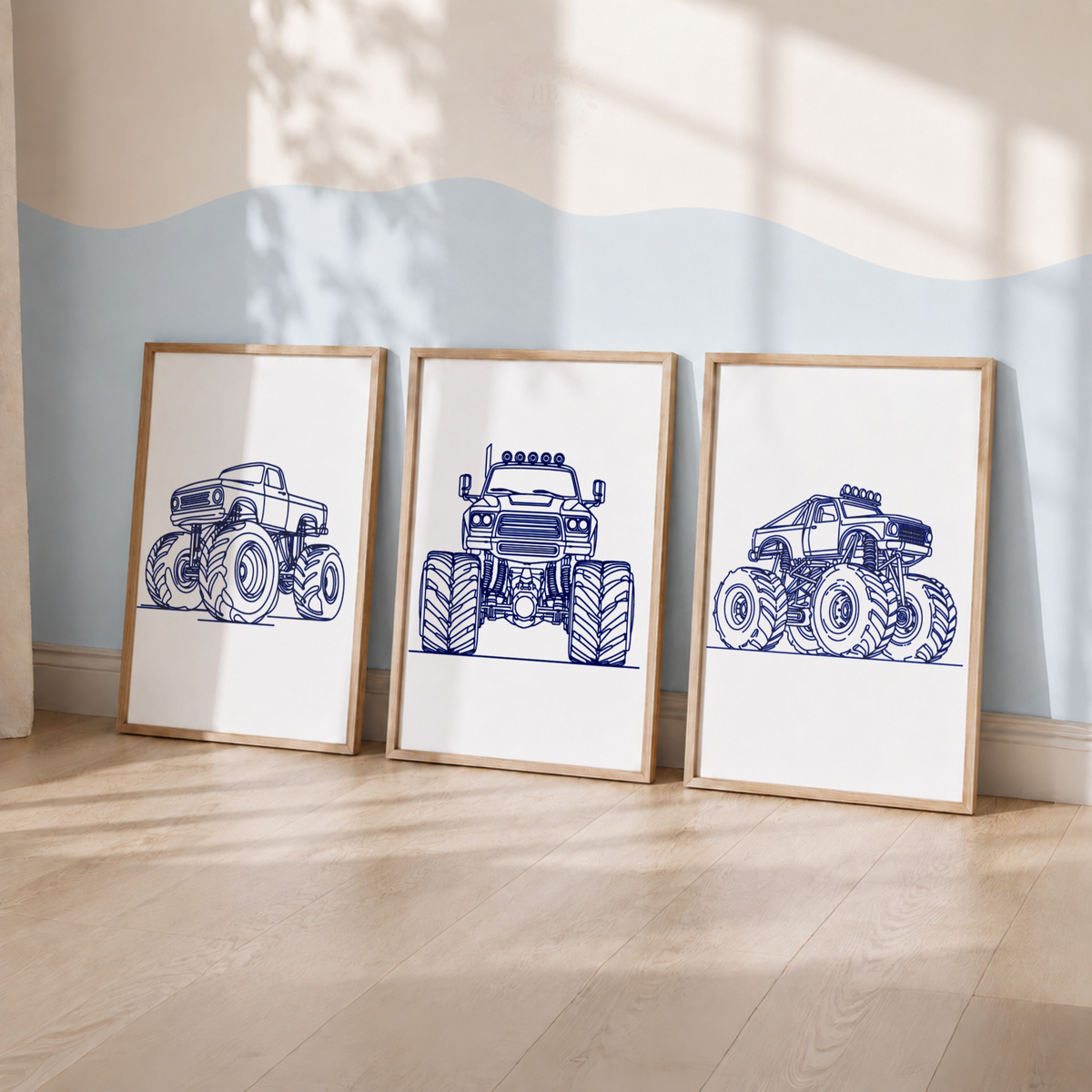 Monster Truck Line Art Prints Set – Boys Vehicle Nursery Wall Art