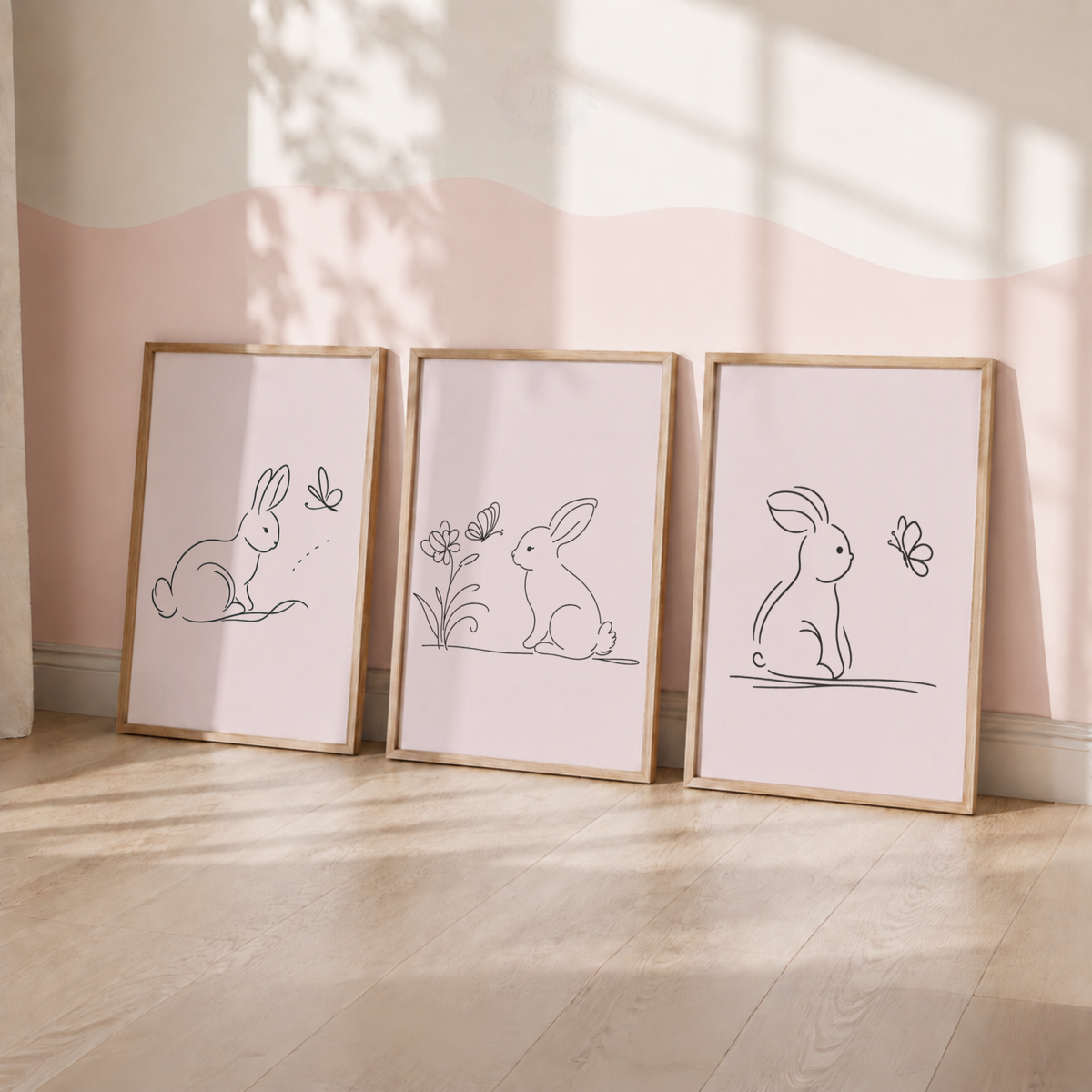Minimalist Bunny Wall Art Set – Pink Rabbit Line Art Nursery Prints