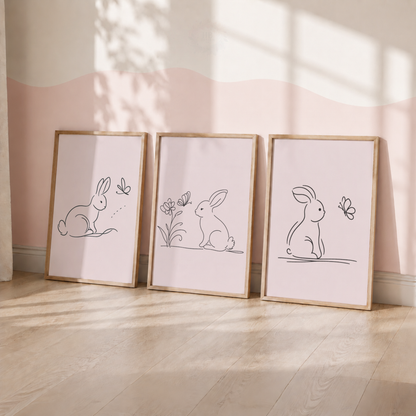 Minimalist Bunny Wall Art Set – Pink Rabbit Line Art Nursery Prints