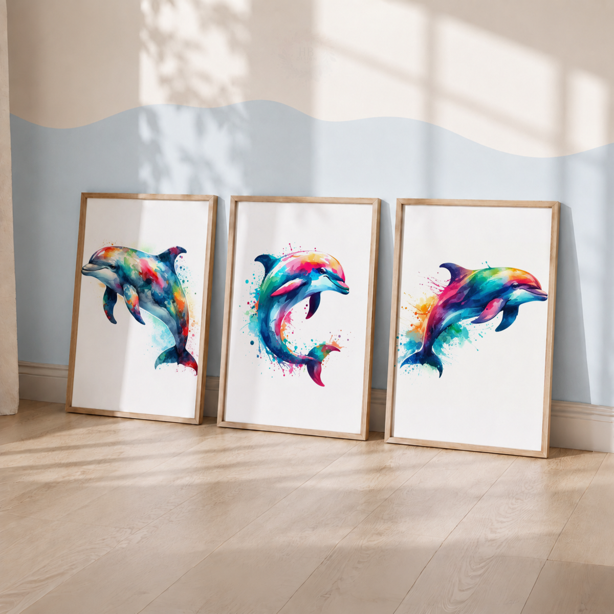 Colorful Dolphin Watercolor Wall Art Set – Ocean Animal Nursery Prints