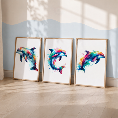 Colorful Dolphin Watercolor Wall Art Set – Ocean Animal Nursery Prints
