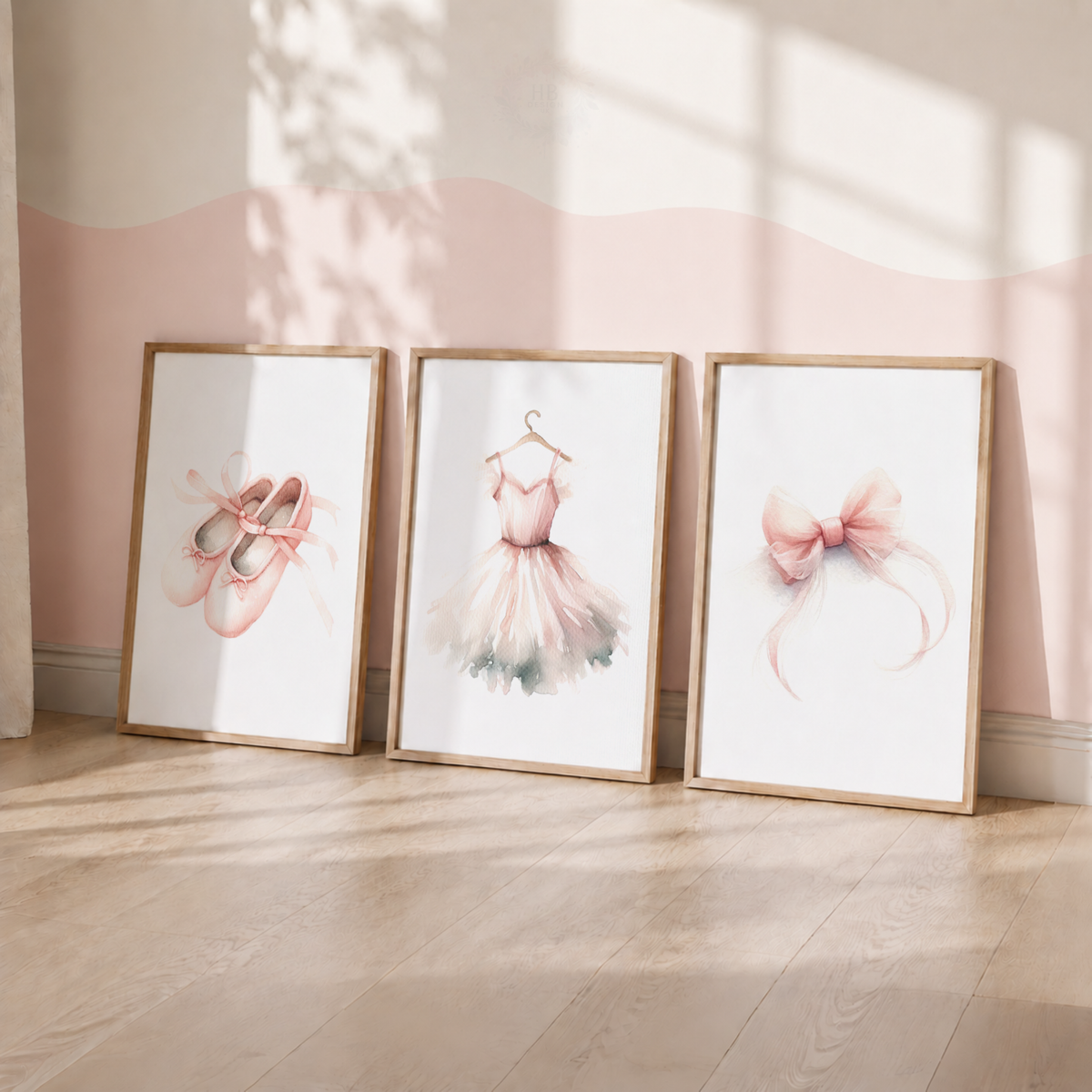 Ballet Wall Art Set – Pink Ballerina Shoes, Tutu Dress & Bow Prints