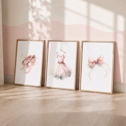 Ballet Wall Art Set – Pink Ballerina Shoes, Tutu Dress & Bow Prints