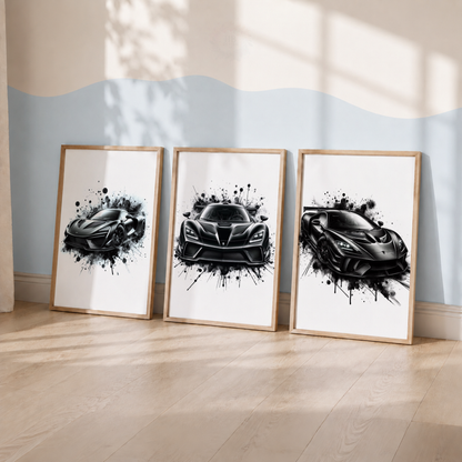 Black Supercar Wall Art Set – Monochrome Sports Car Prints