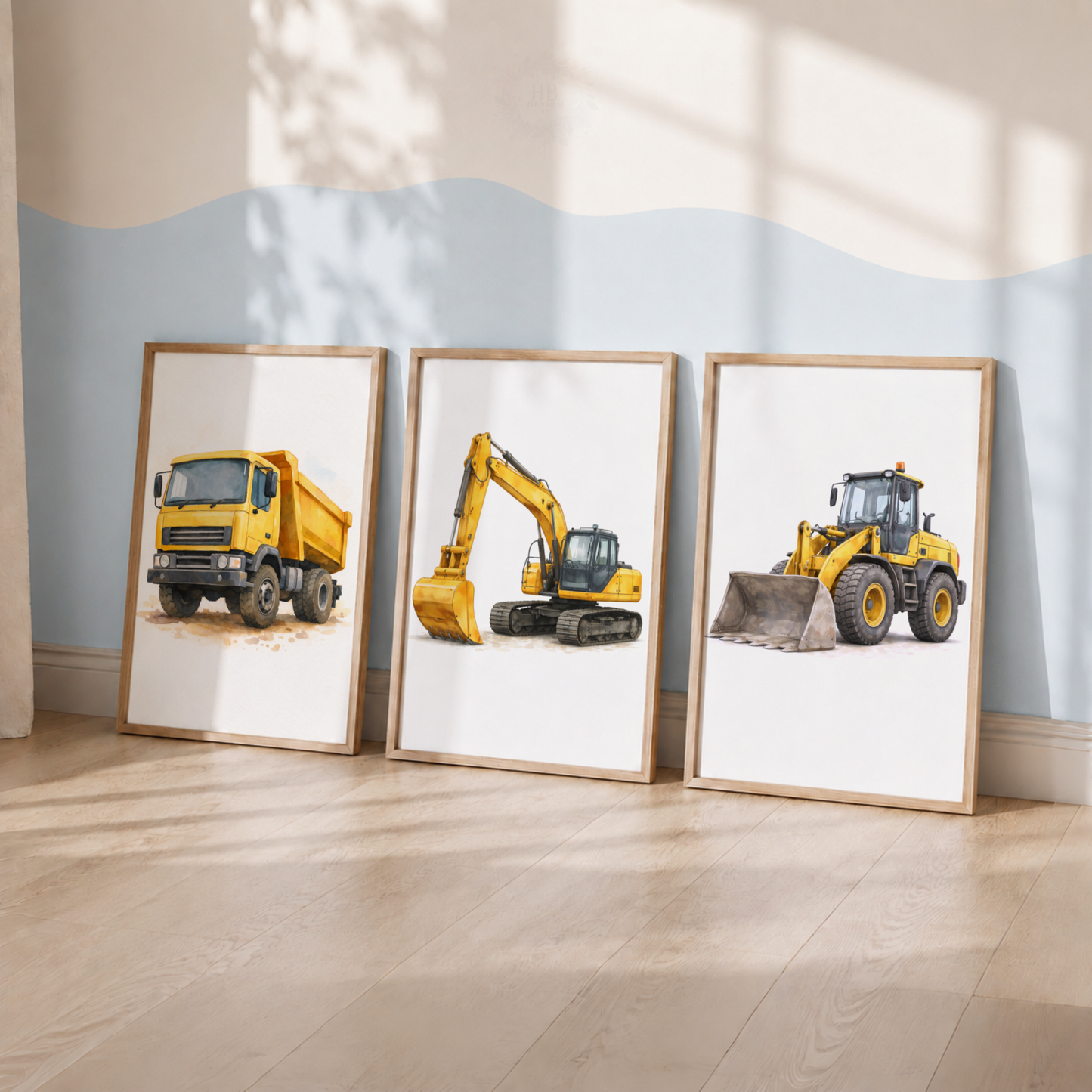 Construction Vehicle Nursery Prints Set – Dump Truck Excavator & Bulldozer Wall Art