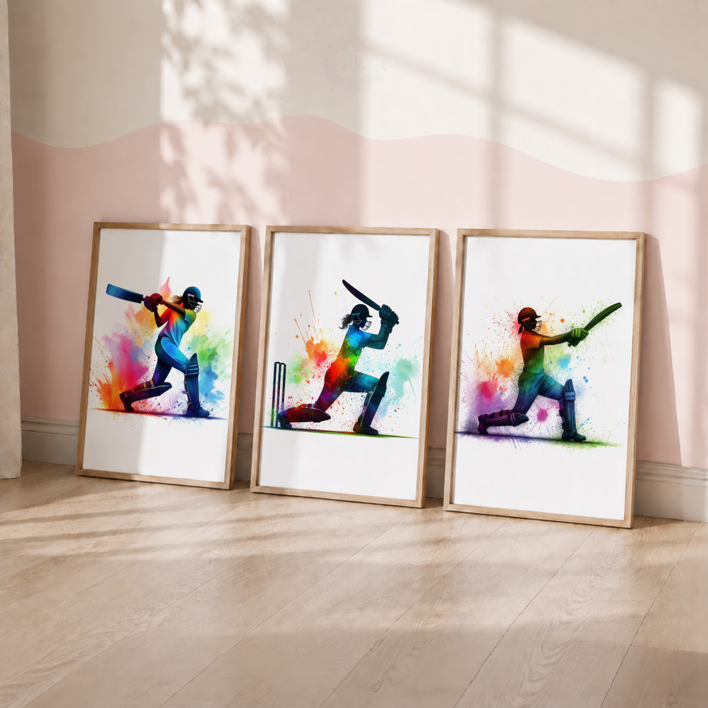 Girls Cricket Wall Art Set – Colourful Watercolour Female Cricketer Prints