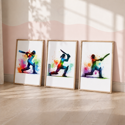 Girls Cricket Wall Art Set – Colourful Watercolour Female Cricketer Prints