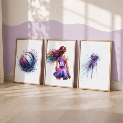 Girls Netball Wall Art Set – Purple Watercolour Netball Player Prints