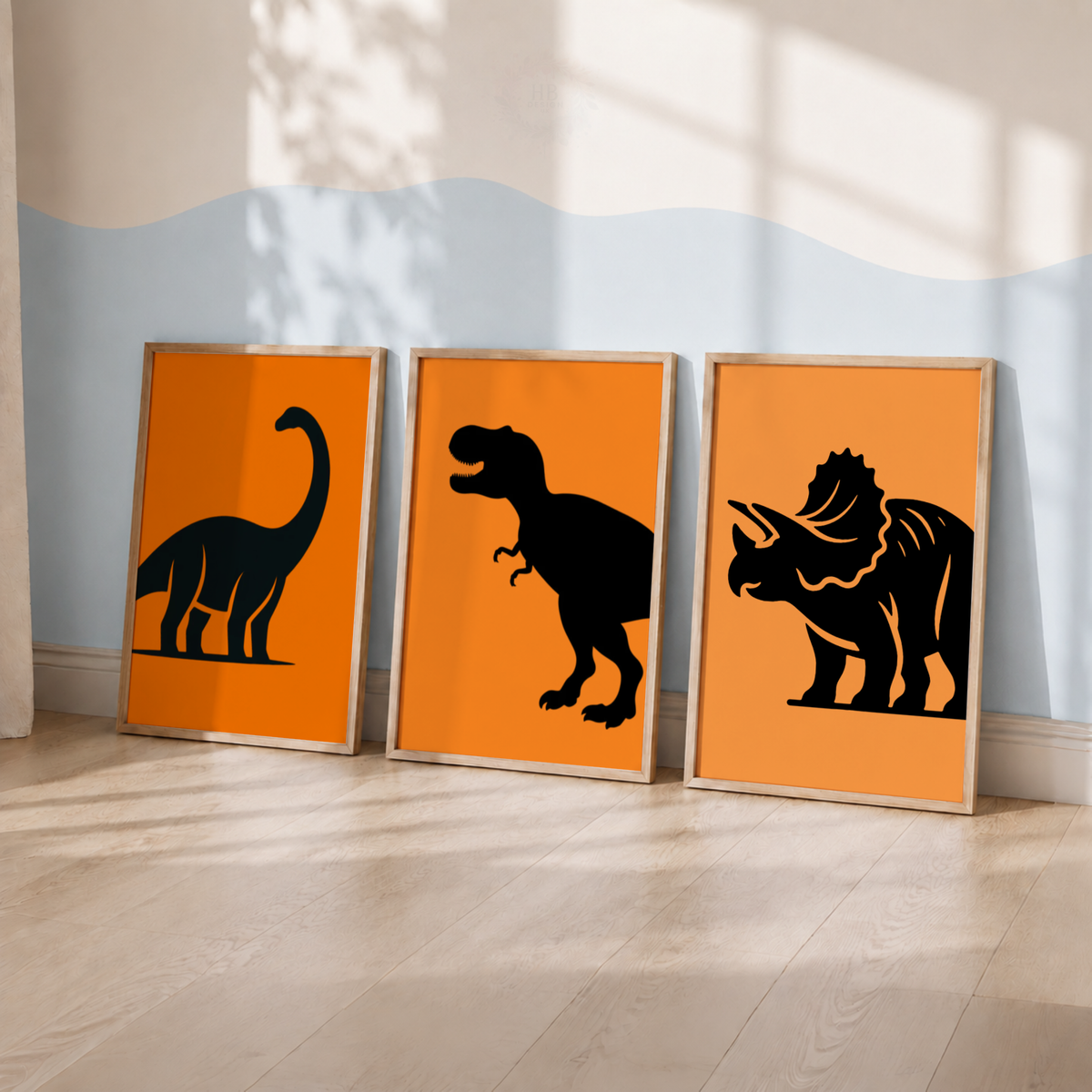 Dinosaur Nursery Prints Set – Orange Dinosaur Silhouette Wall Art