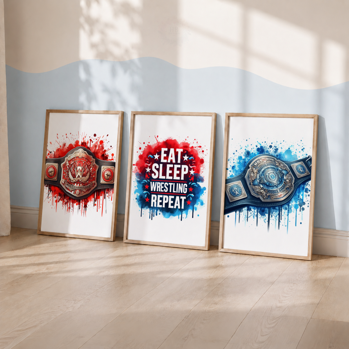 Wrestling Watercolor Wall Art Set – Championship Belts & Eat Sleep Wrestling Repeat Prints