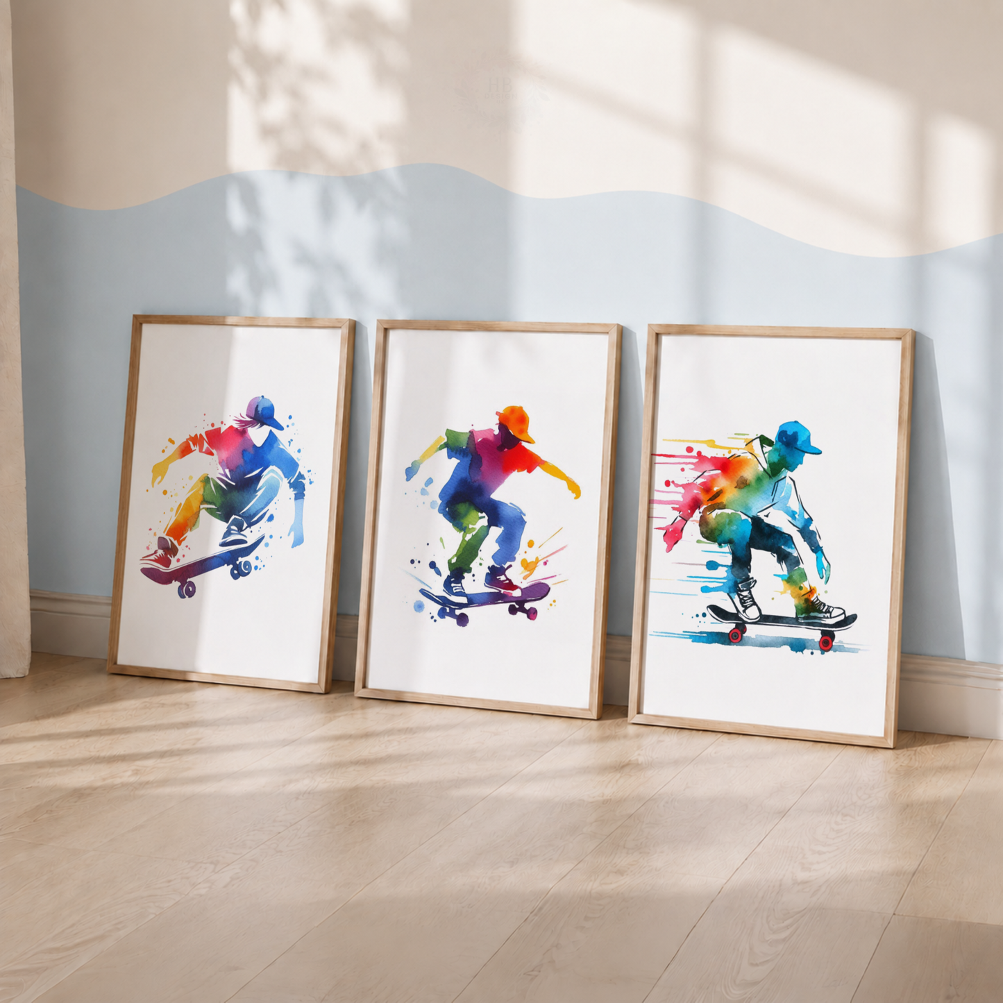 Skateboarding Watercolor Wall Art Set – Colourful Skateboarder Sports Prints