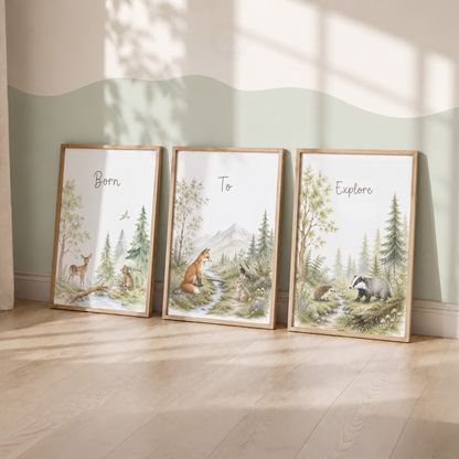 Woodland Animal Nursery Prints – Set of 3 Born to Explore Forest Wall Art