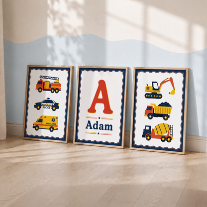 Busy Vehicles – Personalised Set of 3 Transport Nursery Prints