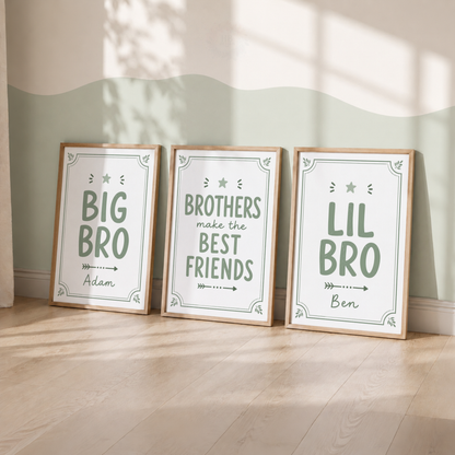 Big Bro, Little Bro – Sage Personalised Set of 3 Brothers Nursery Prints