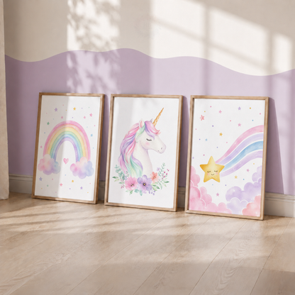 Unicorn Rainbow Nursery Prints – Pastel Girls Bedroom Wall Art Set