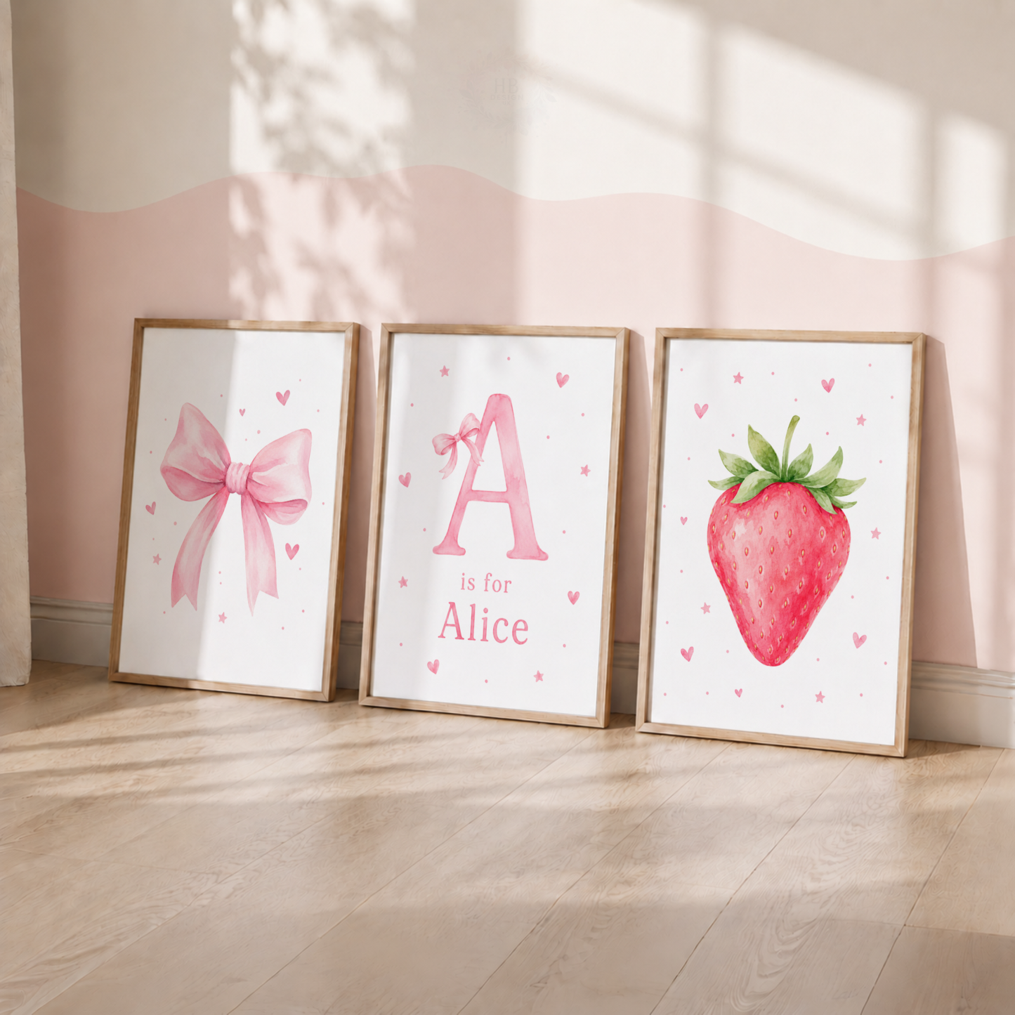 Personalised Strawberry & Bow Wall Art Print Set – Girls Bedroom Decor