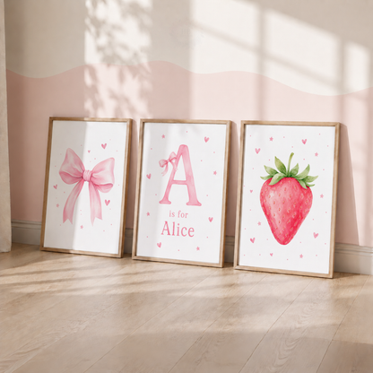 Personalised Strawberry & Bow Wall Art Print Set – Girls Bedroom Decor