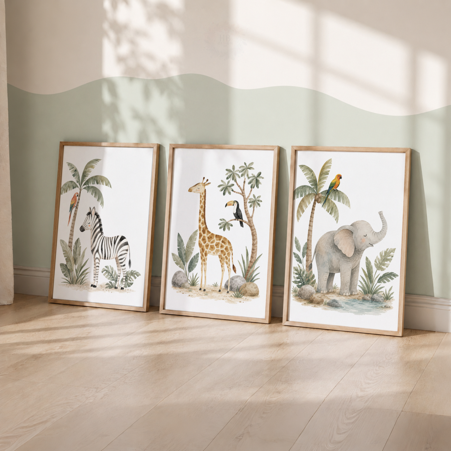 Safari Animals Nursery Prints – Set of 3 Jungle Animal Watercolour Wall Art