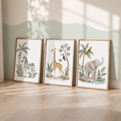 Safari Animals Nursery Prints – Set of 3 Jungle Animal Watercolour Wall Art
