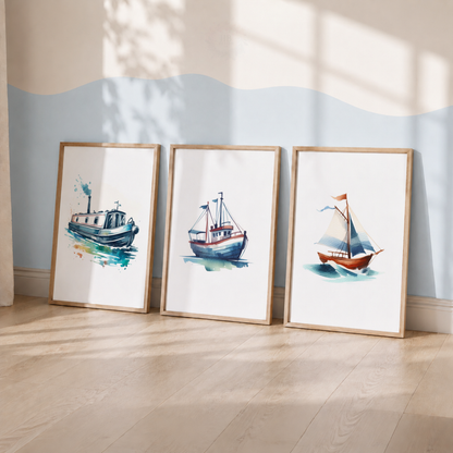 Watercolor Boat Wall Art Set – Canal Boat, Fishing Boat & Sailboat Prints