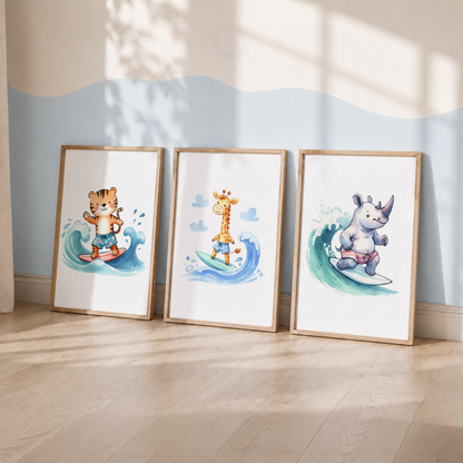 Surfing Safari Animals Watercolor Wall Art Set – Tiger, Giraffe & Rhino Nursery Prints