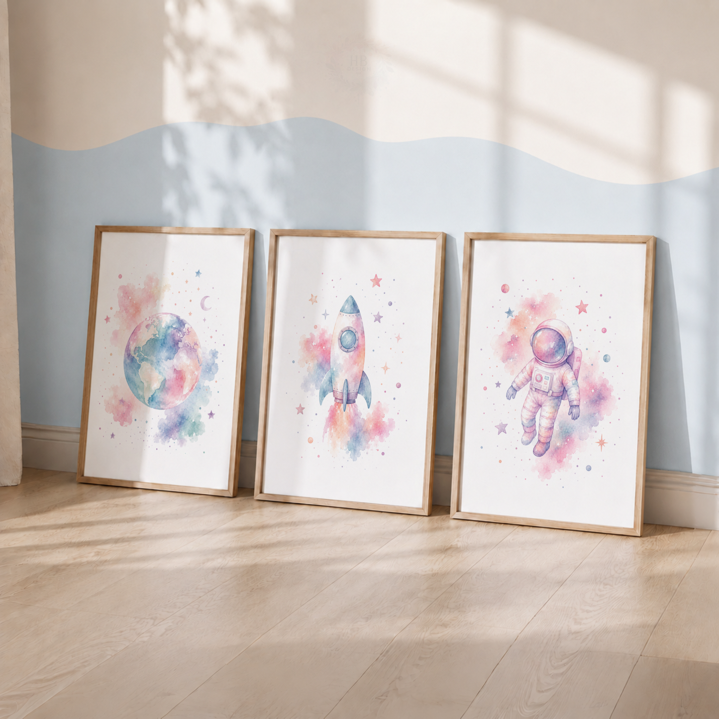 Pastel Space Adventure Prints – Set of 3 Watercolour Nursery Wall Art