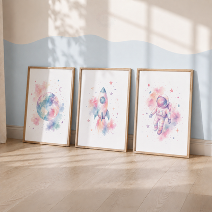 Pastel Space Adventure Prints – Set of 3 Watercolour Nursery Wall Art